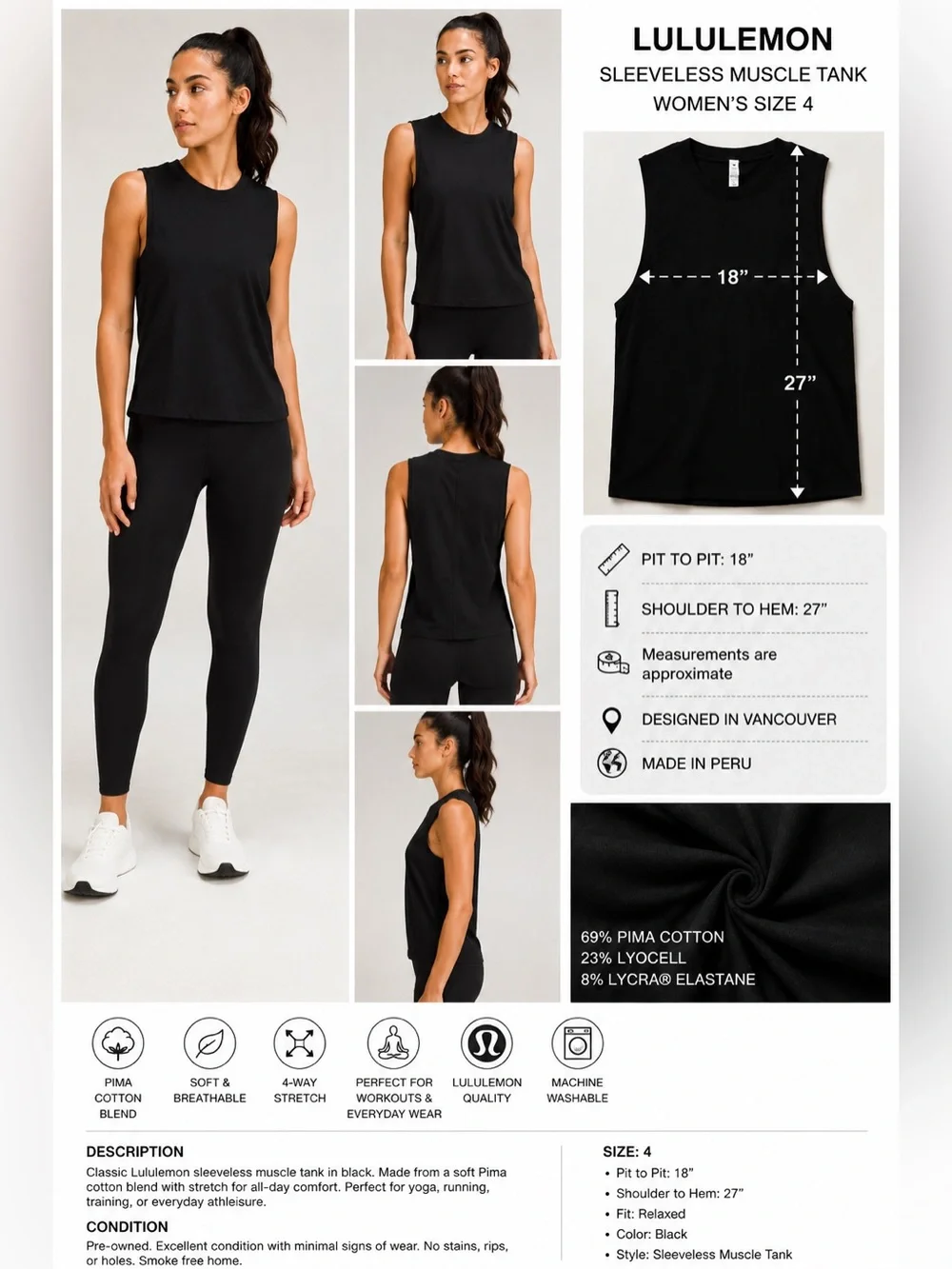Lululemon Black Sleeveless Muscle Tank Top Women's Size 4 Pima Cotton Stretch